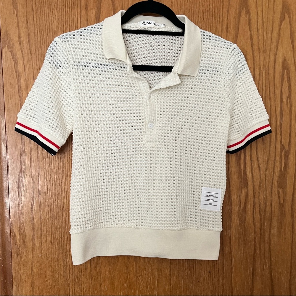 Thom Browne Cream Open-Knit Polo with Tricolor Cuffs